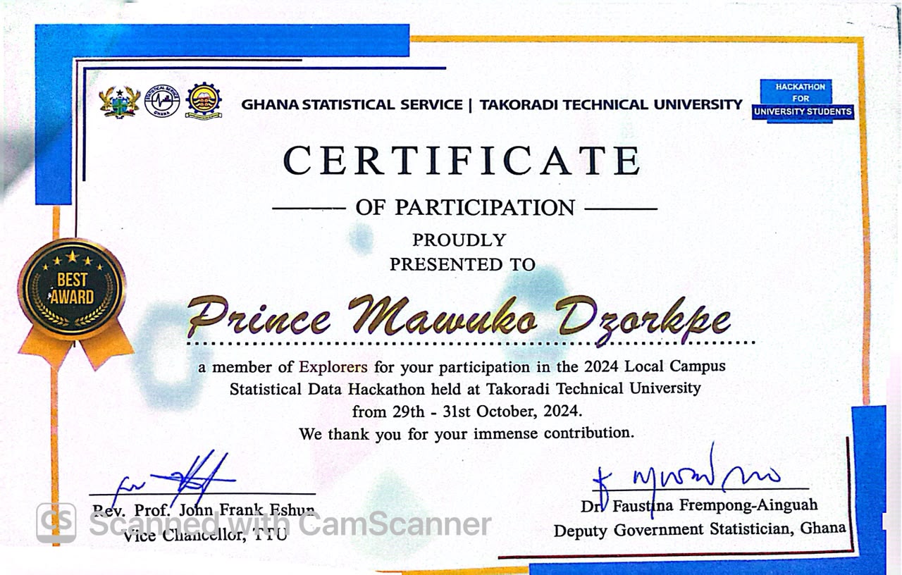 Ghana Statistical Service Local Campus Statistical Data Hackathon certificate