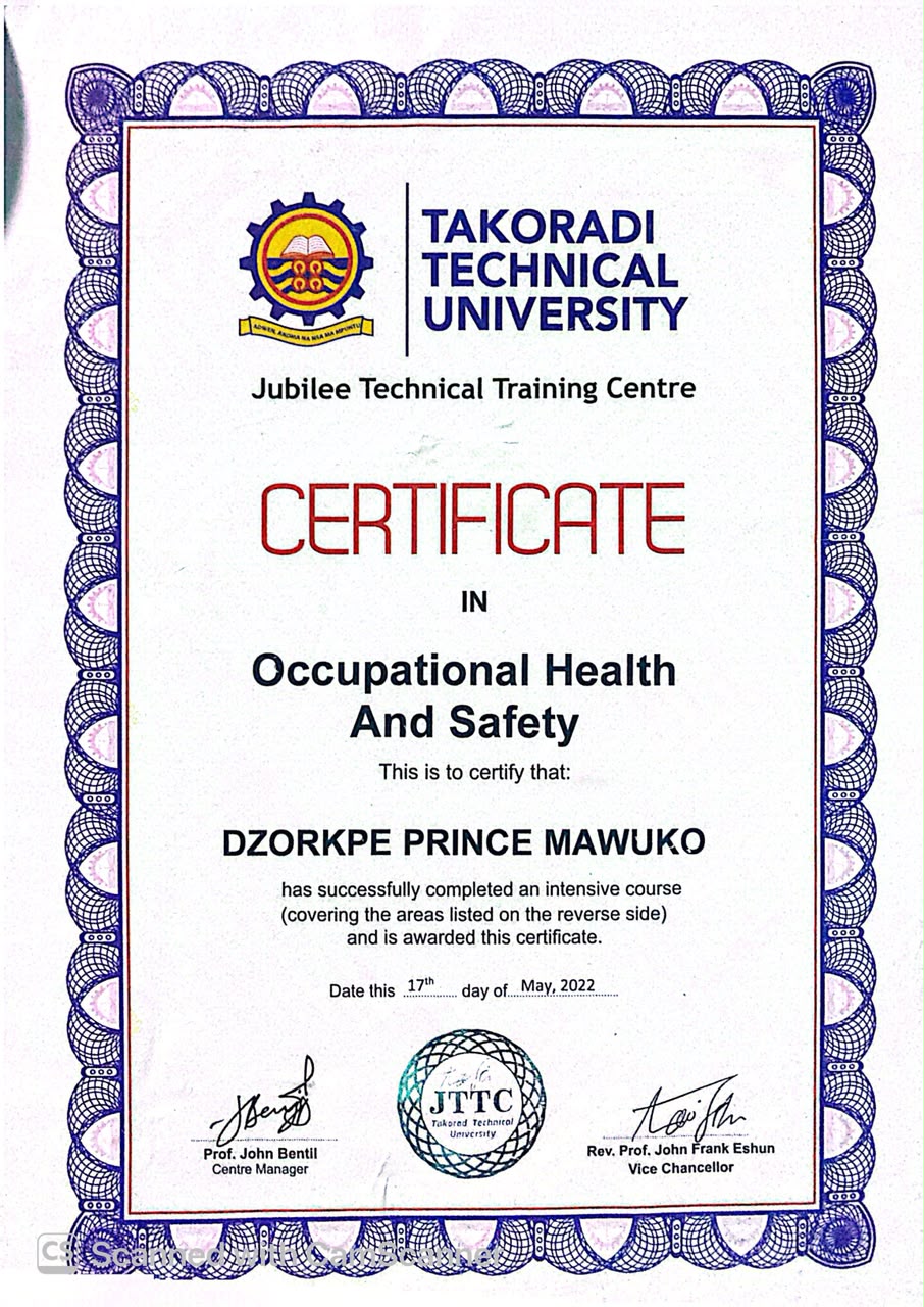 Occupational Health and Safety certificate