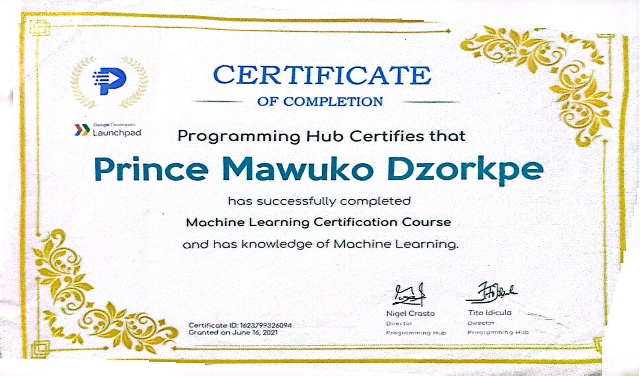 Machine Learning Certification Course certificate
