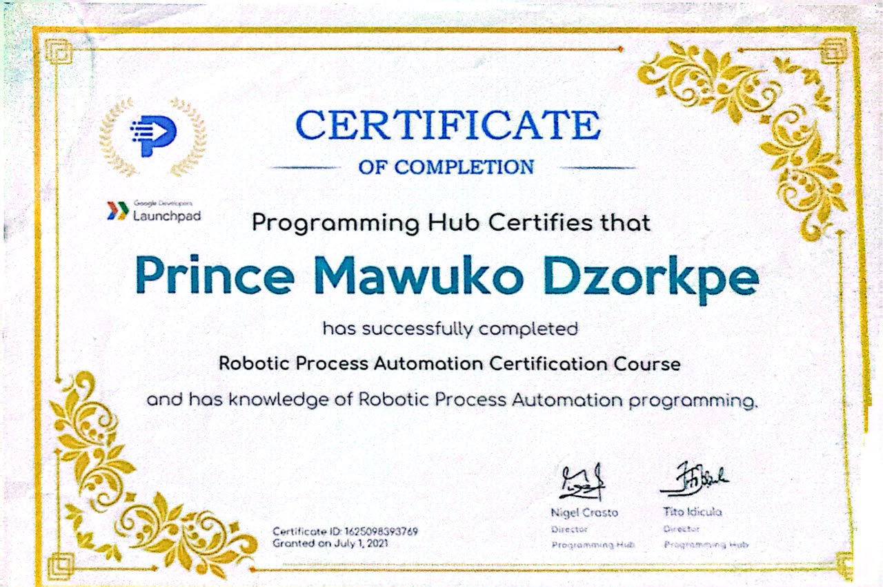 Robotic Process Automation Certification Course certificate