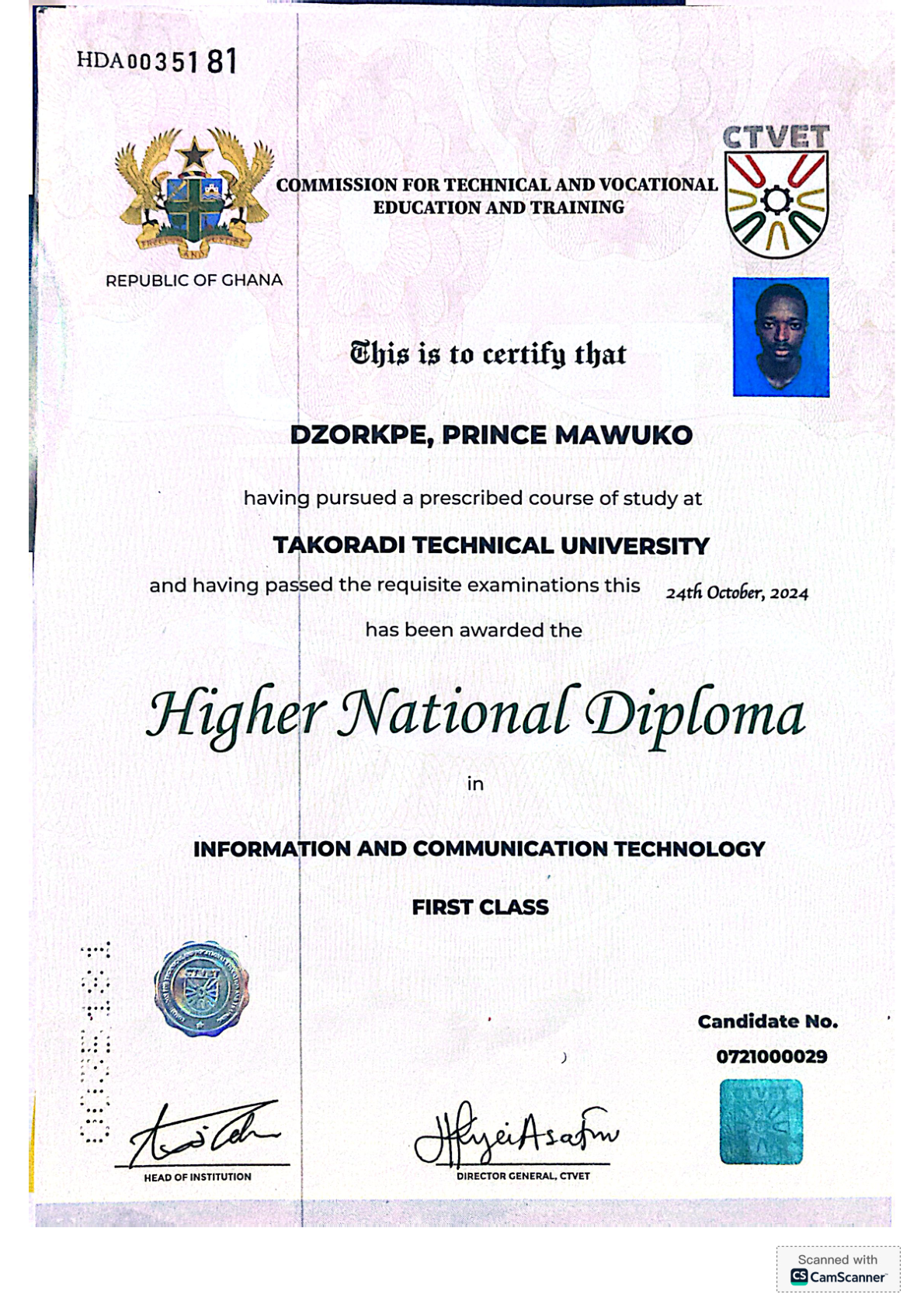 Higher National Diploma in Information and Communication Technology, First Class
